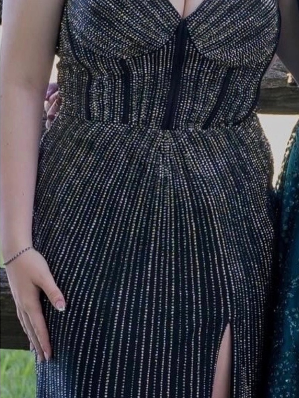 Sherri Hill Black Glitter Stripe Gown with Front Slit